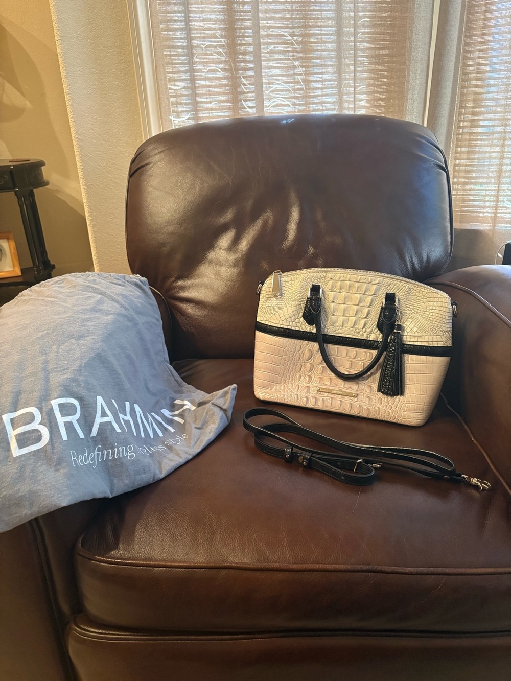 Brahmin Cream Croc-Embossed Satchel with Black Trim and Tassel